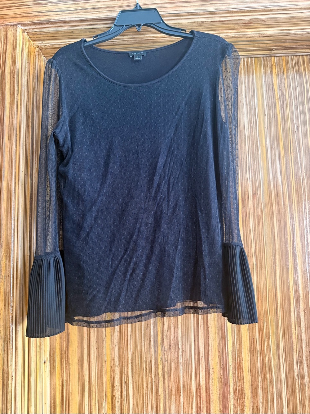 Ann Taylor Factory Black Sheer Long-Sleeve Top with Pleated Cuffs